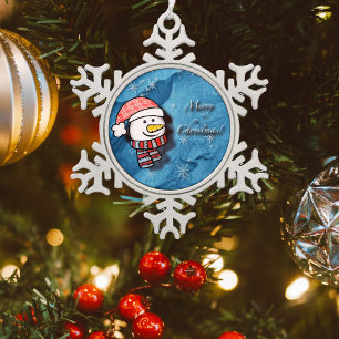 Merry Christmas, snowman with knitted clothes Snowflake Pewter Christmas Ornament
