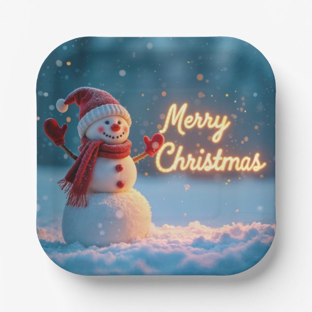 Merry Christmas Snowman with Neon Sign Paper Plate (Front)