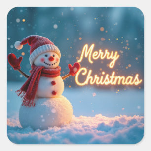 Merry Christmas Snowman with Neon Sign Square Sticker