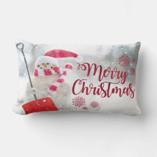 Merry Christmas, Snowman With Santa Hat Lumbar Cushion