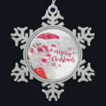 Merry Christmas, Snowman With Santa Hat Snowflake Pewter Christmas Ornament<br><div class="desc">Adorable snowman with santa hat on bokeh background.</div>