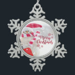 Merry Christmas, Snowman With Santa Hat Snowflake Pewter Christmas Ornament<br><div class="desc">Adorable snowman with santa hat on bokeh background.</div>
