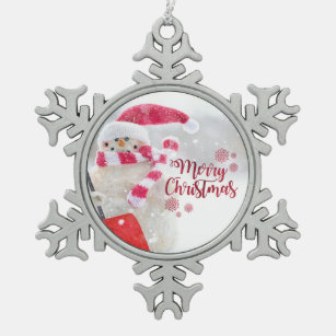 Merry Christmas, Snowman With Santa Hat Snowflake Pewter Christmas Ornament