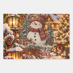 Merry Christmas Snowman Wrapping Paper Sheet