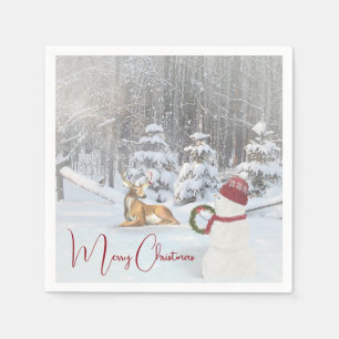 Merry Christmas Snowmen and Buck In Winter Woods Napkin