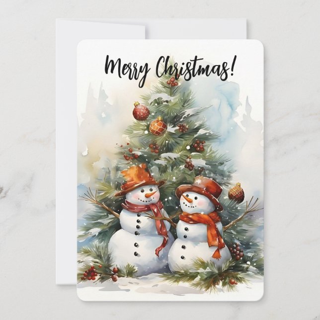 Merry Christmas Snowmen and Christmas Tree Holiday Card (Front)