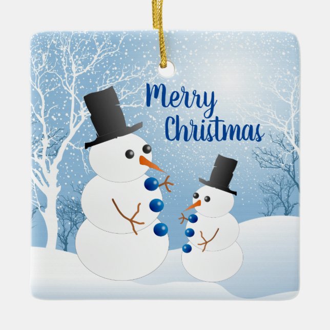 Merry Christmas Snowmen Ceramic Ornament (Front)
