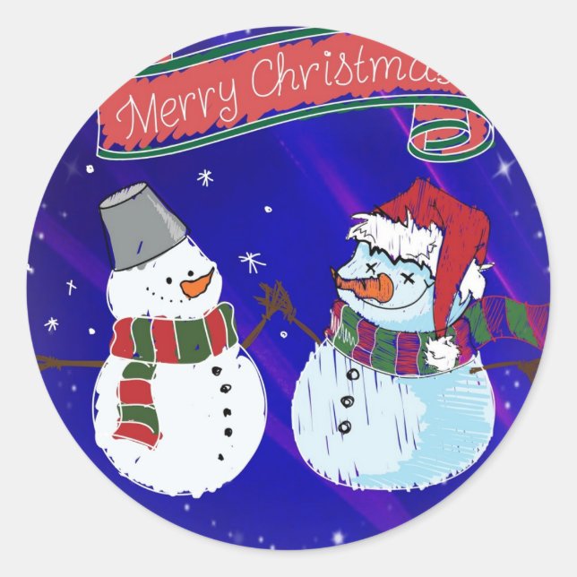 Merry Christmas Snowmen Classic Round Sticker (Front)