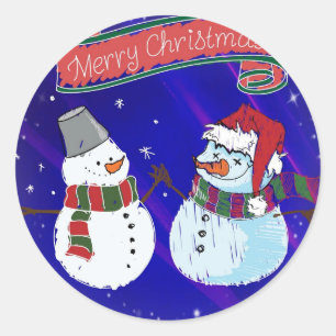 Merry Christmas Snowmen Classic Round Sticker