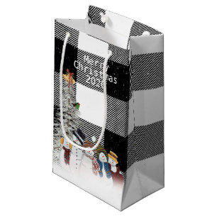 Merry Christmas snowmen on plaid Small Gift Bag