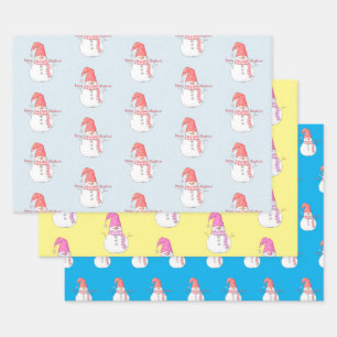 Merry Christmas Snowmen Patterns Wrapping Paper Sheet