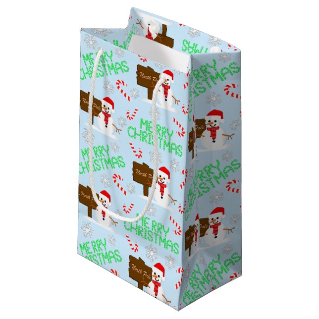 Merry Christmas Snowmen Small Gift Bag (Front Angled)