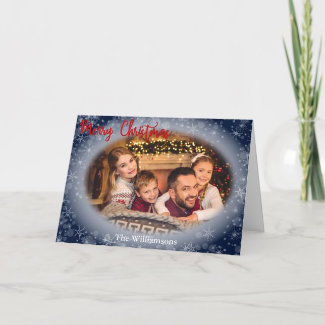 Merry Christmas Snowy Blue Photo Frame Christmas Holiday Card (Front)