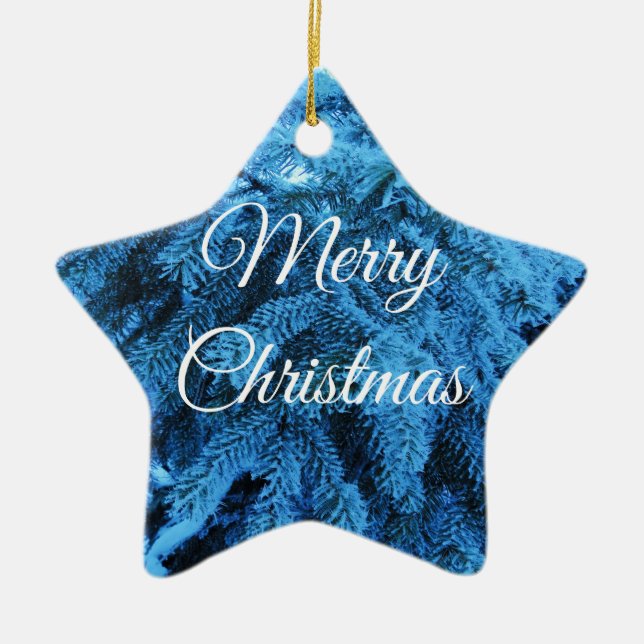 Merry Christmas Snowy Forest Spruce Star Ceramic Tree Decoration (Front)