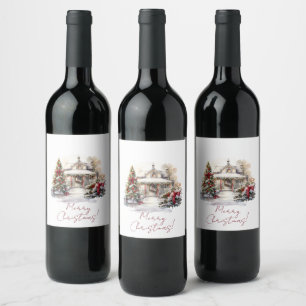 Merry Christmas Snowy House Christmas Trees Wine Label