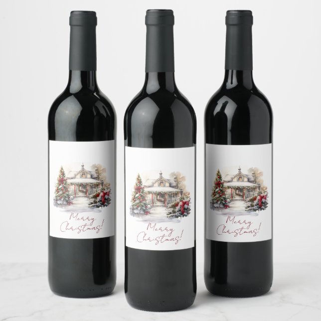 Merry Christmas Snowy House Christmas Trees Wine Label (Bottles)
