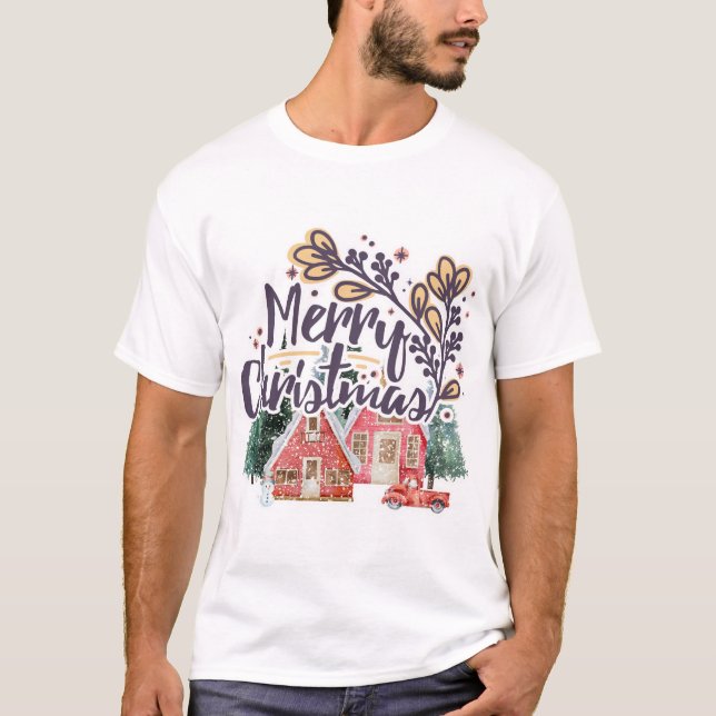 Merry Christmas Snowy House Winter Truck T-Shirt (Front)