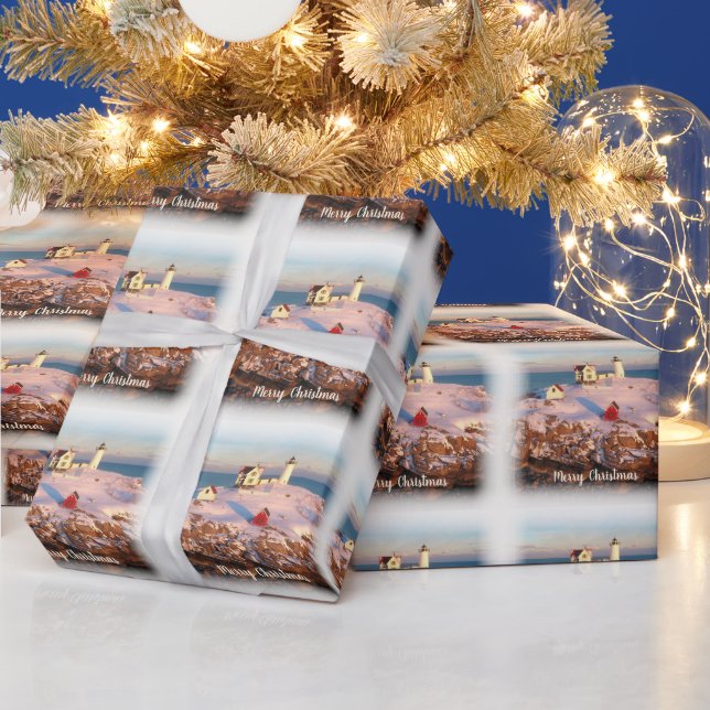 Merry Christmas Snowy Maine Lighthouse Wrapping Paper (Holidays)