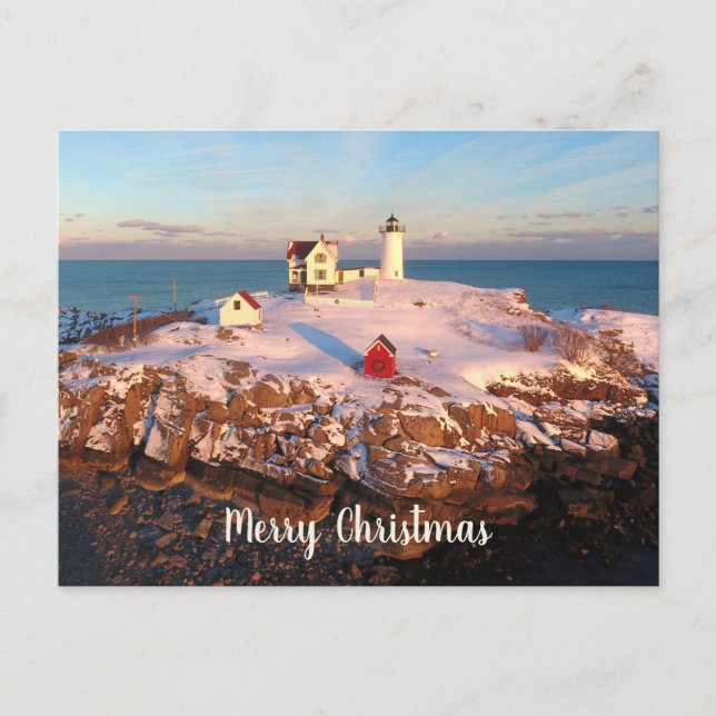 Merry Christmas Snowy Maine Nubble Lighthouse Postcard (Front)