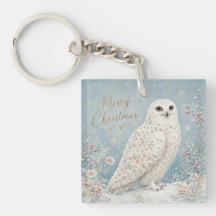 Merry Christmas Snowy Owl Winter Wonderland Key Ring