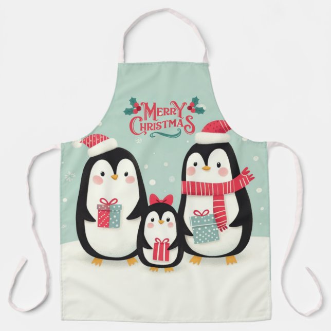 Merry Christmas snowy penguins Apron (Front)
