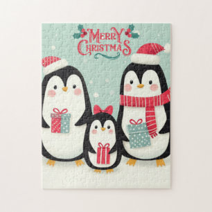 Merry Christmas snowy penguins Jigsaw Puzzle