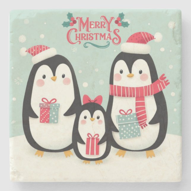 Merry Christmas snowy penguins Stone Coaster (Front)