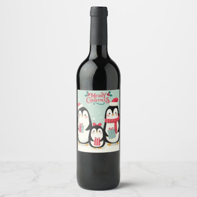 Merry Christmas snowy penguins Wine Label (Front)