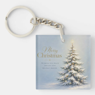 Merry Christmas Snowy Pine Tree Key Ring