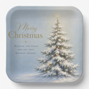 Merry Christmas Snowy Pine Tree Paper Plate