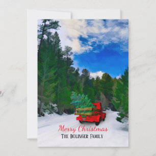 Merry Christmas Snowy Road Red Truck Holiday Card
