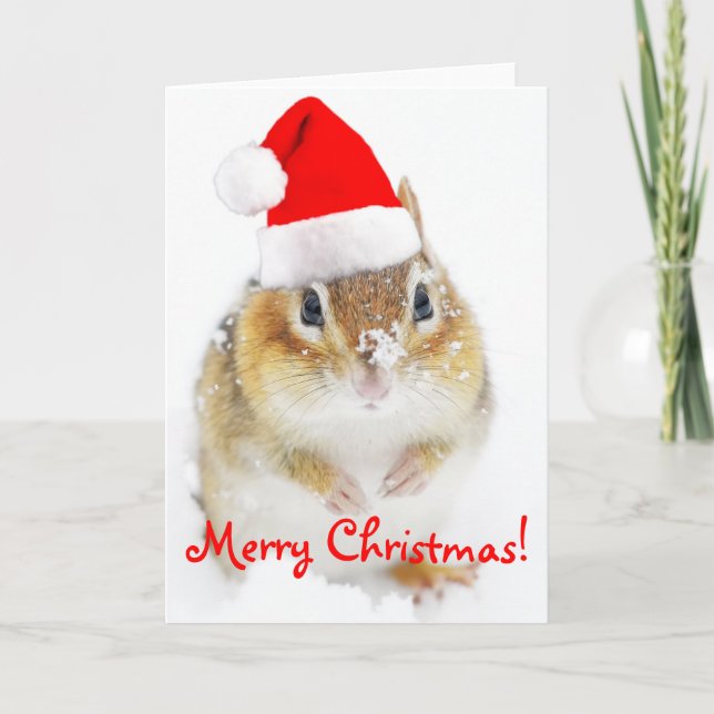 Merry Christmas Snowy Santa Chipmunk Holiday Card (Front)