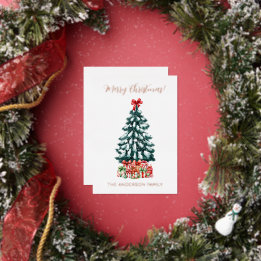 Merry Christmas Snowy Tree Rose Gold Foil Holiday Card