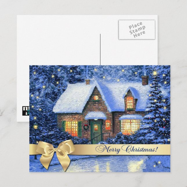 Merry Christmas. Snowy Village Scene Painting Holiday Postcard (Front/Back)