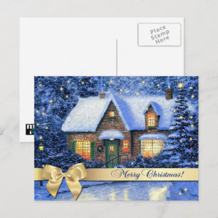 Merry Christmas. Snowy Village Scene Painting Holiday Postcard