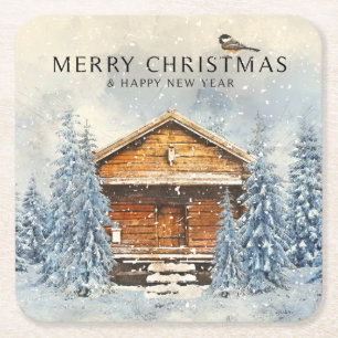 Merry Christmas/Snowy Winter Cabin with Chickadee Square Paper Coaster