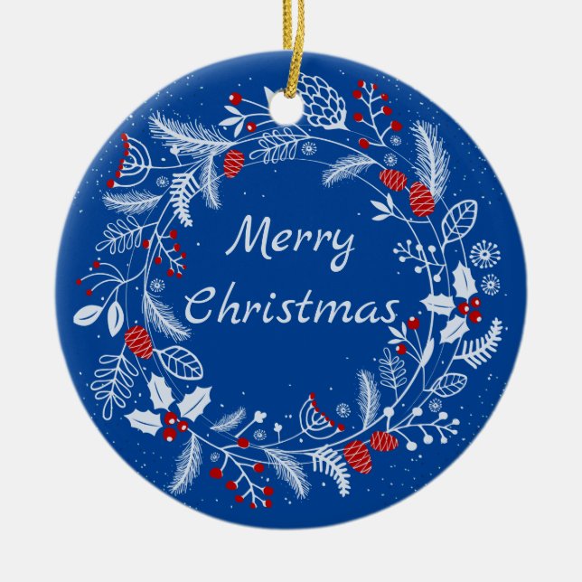 Merry Christmas Snowy Wreath Ceramic Tree Decoration (Front)