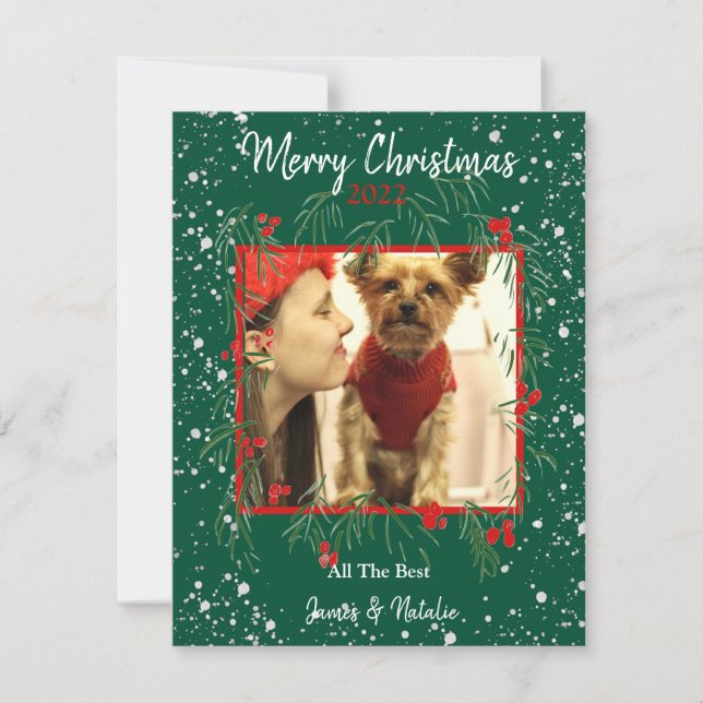 Merry Christmas Snowy Wreath Custom Family Holiday Card (Front)