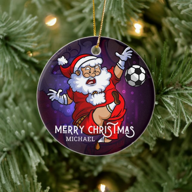 Merry Christmas Soccer Football Santa Personalised Ceramic Tree Decoration (Tree)