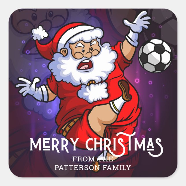 Merry Christmas Soccer Football Santa Personalised Square Sticker (Front)