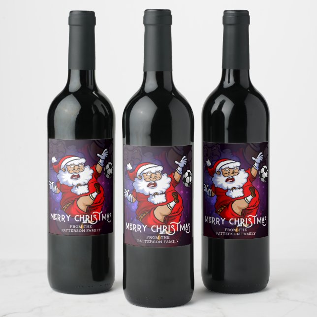 Merry Christmas Soccer Football Santa Personalised Wine Label (Bottles)