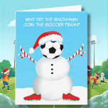 Merry Christmas Soccer Snowman Joke Card<br><div class="desc">This funny Christmas card showcases a snowman with a playful soccer twist! The snowman has a soccer ball for a head topped with a Santa hat,  candy cane stick arms,  and soccer cleats at the base. A festive and sporty design,  it’s the perfect card for anyone who loves soccer.</div>