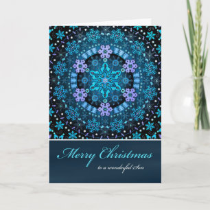 Merry Christmas Son, Blue Boho Snowflakes Holiday Card