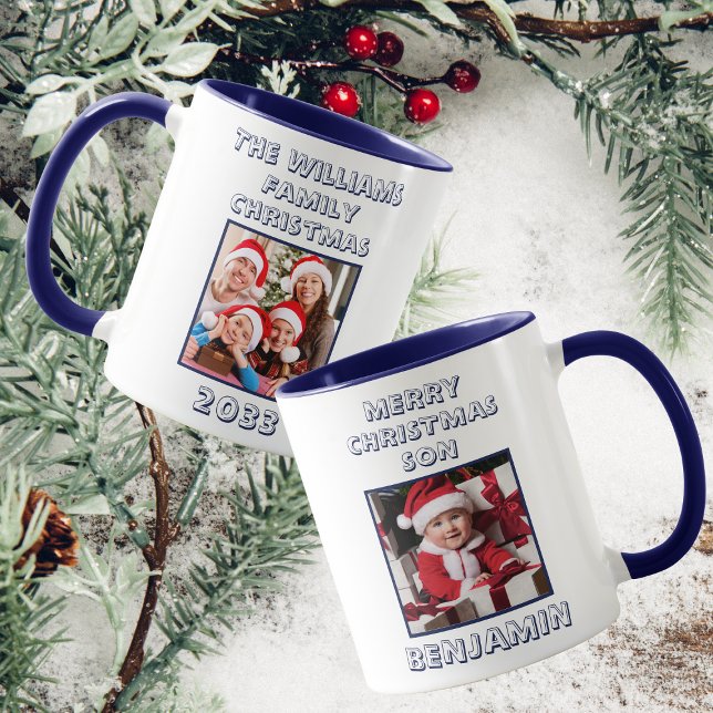 Merry Christmas Son Photo Navy Blue & White  Mug (Front And Back)