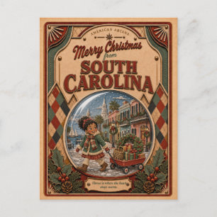 Merry Christmas South Carolina Vintage Snow Globe Holiday Postcard