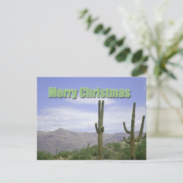 Merry Christmas Southwest Landscape with Saguaros Holiday Postcard (Standing Front)