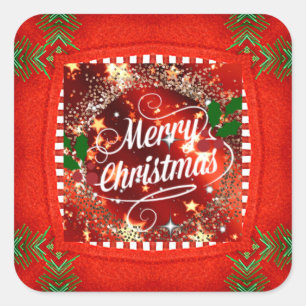 Merry Christmas, sparkle and glitter in red Square Sticker