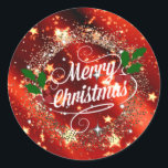Merry Christmas, Sparkling Red and Gold Design Classic Round Sticker<br><div class="desc">Merry Christmas in glittering holiday colours</div>