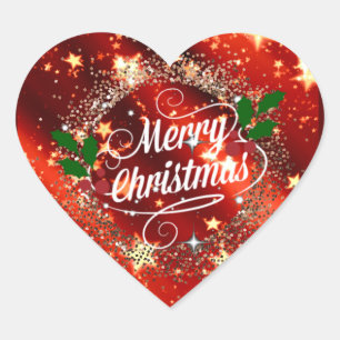 Merry Christmas, Sparkling Red and Gold Design Heart Sticker
