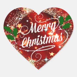 Merry Christmas, Sparkling Red and Gold Design Heart Sticker